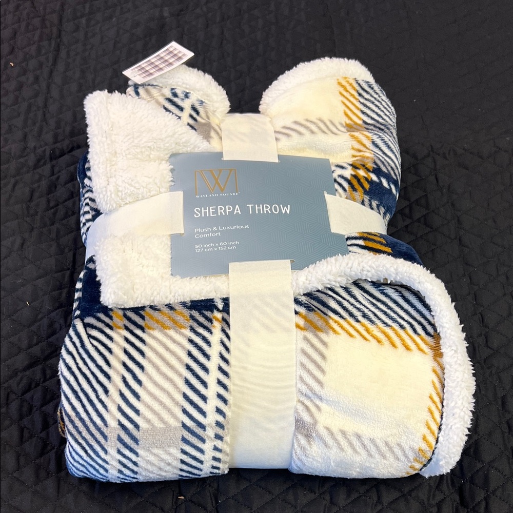 Cozy Sherpa Throw Blanket - Navy, White & Mustard Plaid